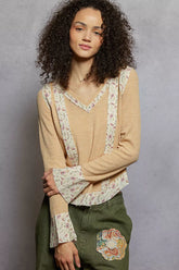 POL Floral Patch V-Neck Long Sleeve Ribbed Top OutfitFlow